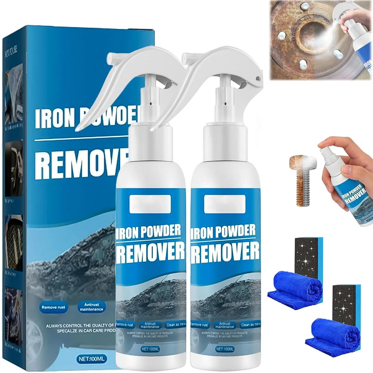 Multi-Functional Quick-Acting Rust Removal Spray, Rust Remover for Metal, Portable Rusts Remover Spray for Metal, Iron Powder Removers Sprays, Easy Application for Car Metals Surface (100ML*2pcs)