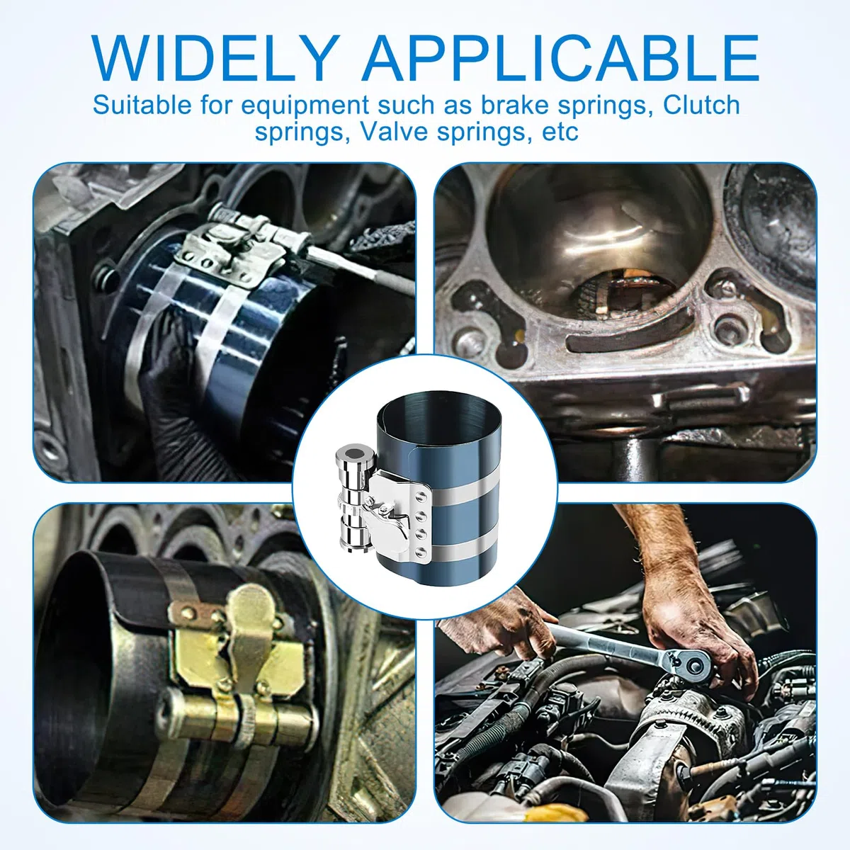 Compressore Anelli Pistone, Tenditore per Fasce Elastiche, Strumento di Compressore per Pistoni, Diametro Regolabile 53-125 mm, Altezza 75 mm, in Acciaio Forgiato, Alta Qualità e Durat