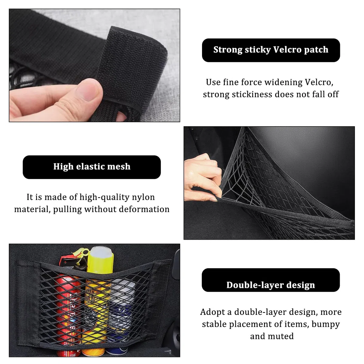 Rete Bagagliaio Auto 2 Pezzi Velcro Rete portaoggetti e 1 Pezzi Rete Elastica per Portaoggetti con Ganci Reti Car Groceries Organizer per Tutti i Tipi di Auto (50x25cm, 60x40cm)