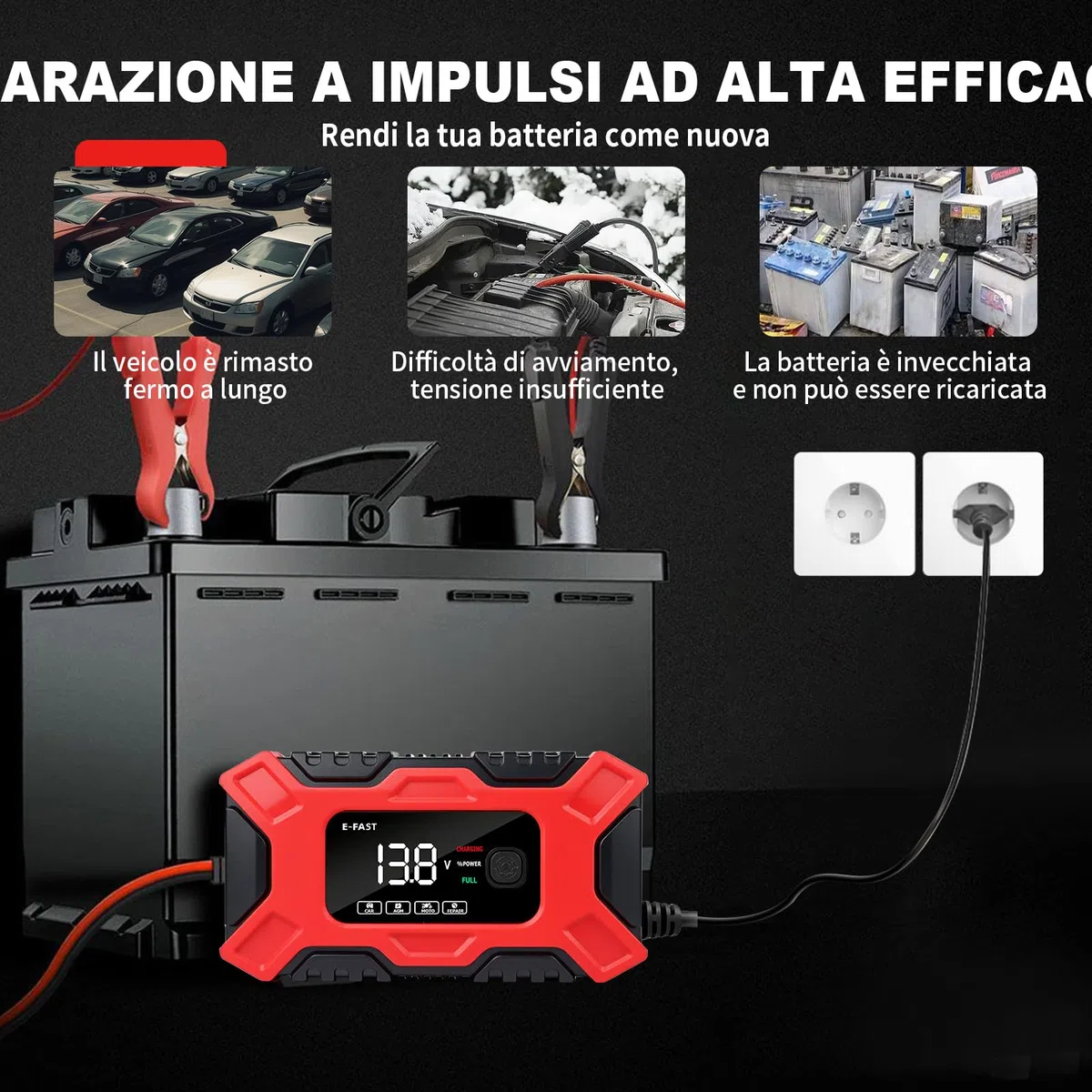 Carica Batteria per Auto, Caricabatterie Auto 12V 6A, Automatico Caricabatterie per Moto con Schermo LCD, Carica Batteria Portatile con Multi Protezioni e Manutenzione per Auto Moto Camion AGM Gel