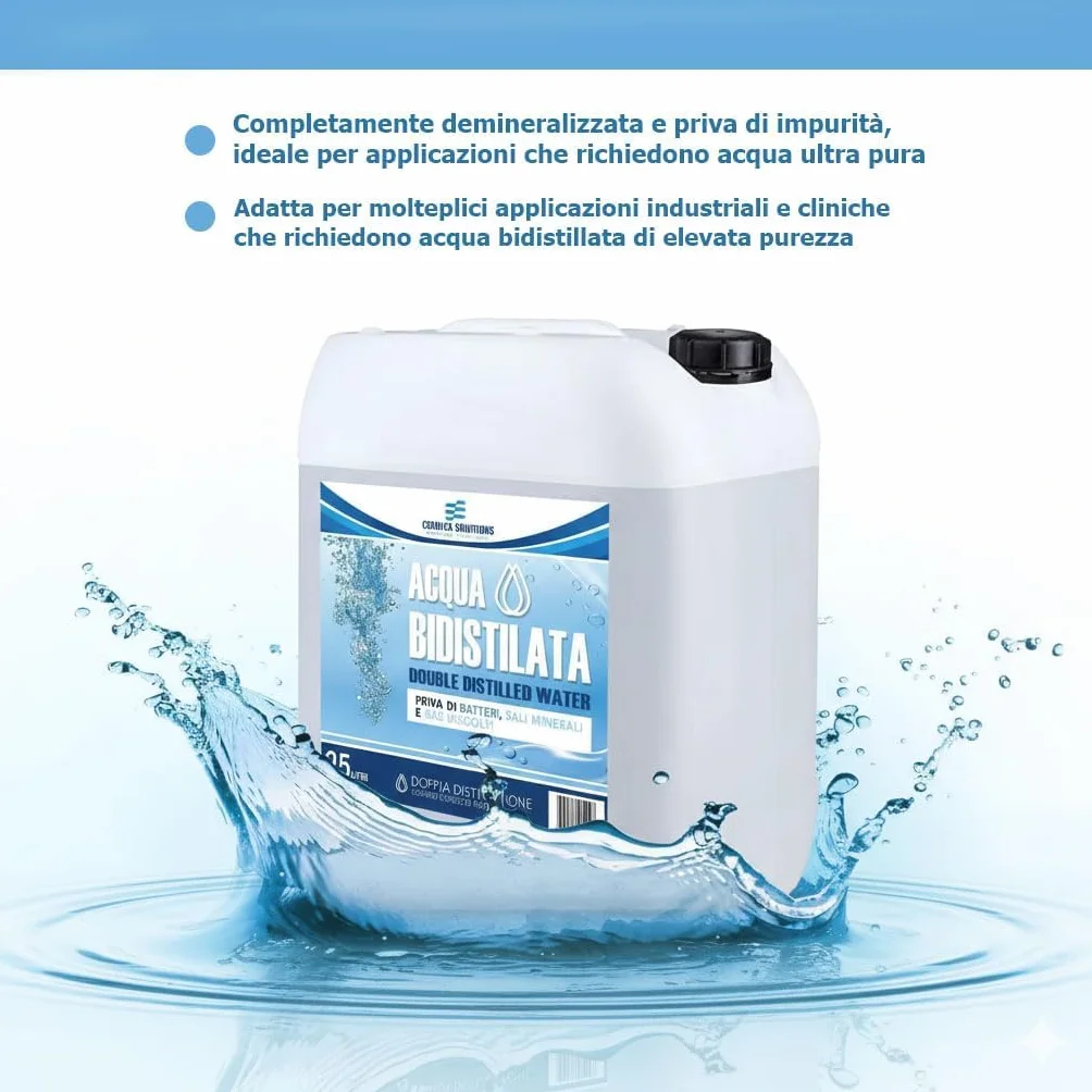 CHEMICA SOLUTIONS Acqua Bidistillata Pura per Uso Industriale e clinico tanica da 10 Litri, Distillata Due Volte, Demineralizzata, per Ferri da Stiro, umidificatori, batterie e Altro Made in Italy
