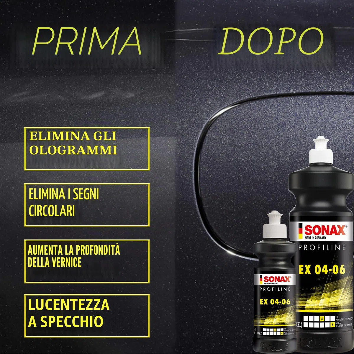 SONAX PROFILINE EX 04-06 Lucidante auto (250 ml) rimuove graffi profondi, regala brillantezza eccezionale. Sicuro senza ologrammi | Art. N. 02421410