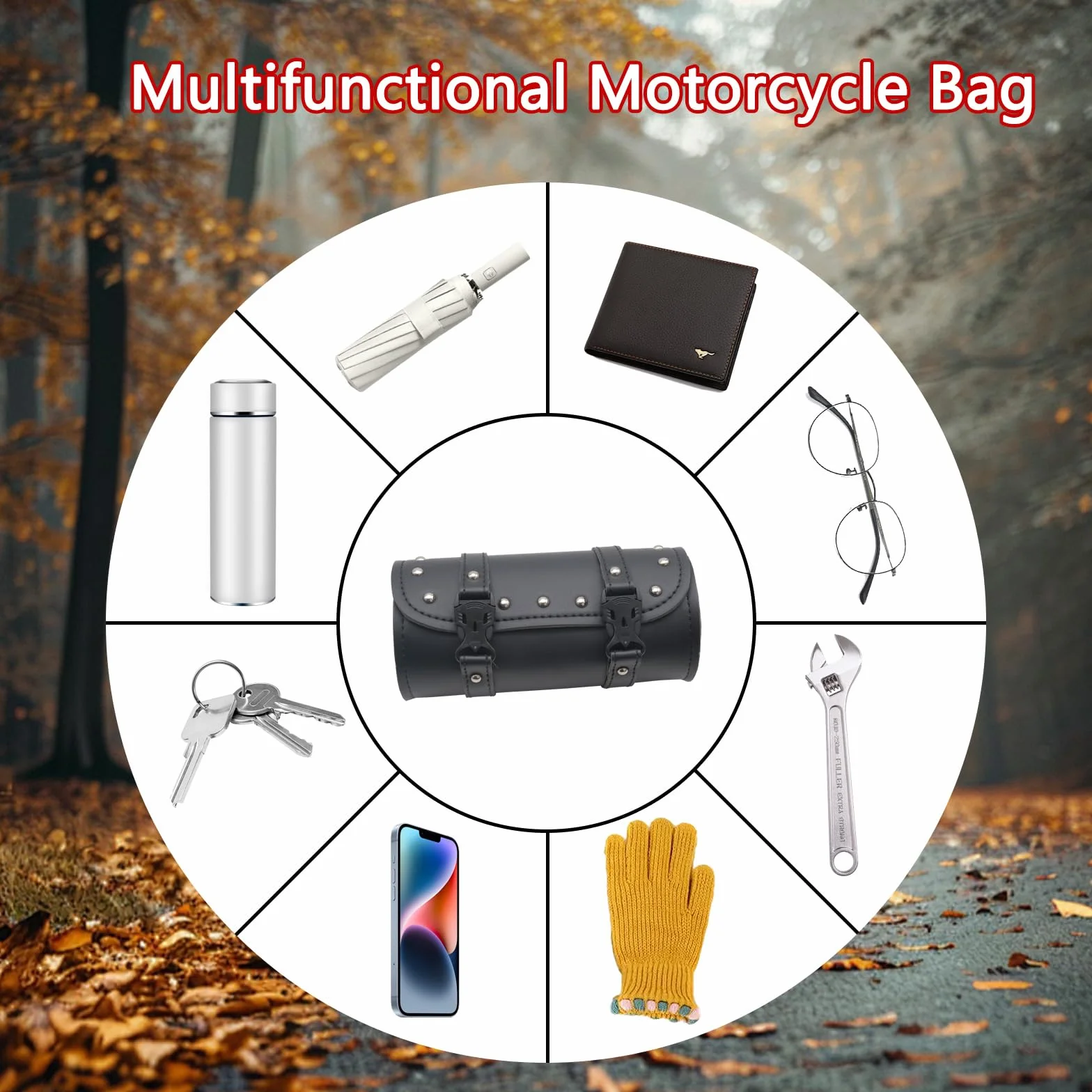 Borsa universale per moto, borsa per attrezzi, in pelle, impermeabile, per bicicletta, con 2 cinghie di fissaggio, borsa posteriore (nero)