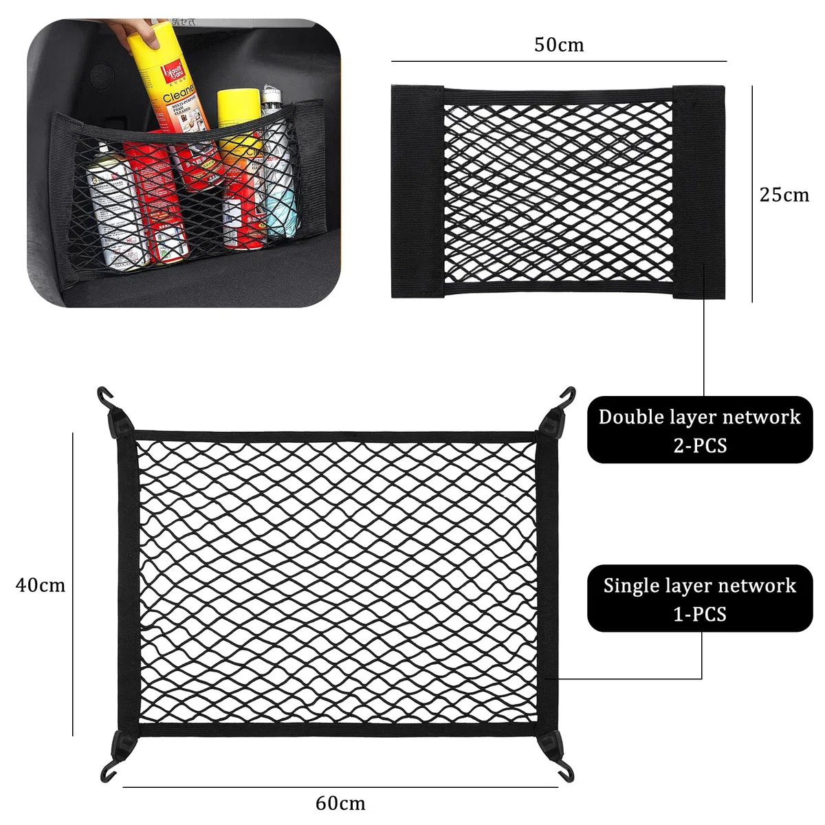 Rete Bagagliaio Auto 2 Pezzi Velcro Rete portaoggetti e 1 Pezzi Rete Elastica per Portaoggetti con Ganci Reti Car Groceries Organizer per Tutti i Tipi di Auto (50x25cm, 60x40cm)
