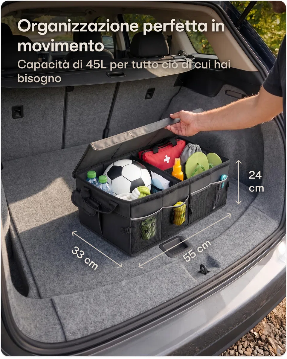 Praknu Organizer Bagagliaio con Coperchio Grande 45L – Pieghevole a 20L – 3 Scomparti con 11 Tasche – Idrorepellente e Antiscivolo – Facile da Trasportare – Ideale per un Bagagliaio più Ordinato