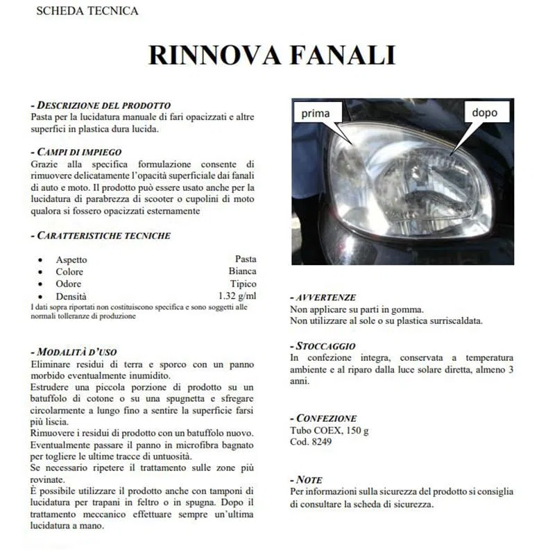 Tubetto di pasta Rinnova Fanali 2493, capacità 150 gr, rimuove opacità dai fanali e plastica dura, lucida fari auto, parabrezza, cupolino scooter moto, migliora visibilità della guida notturna (1)