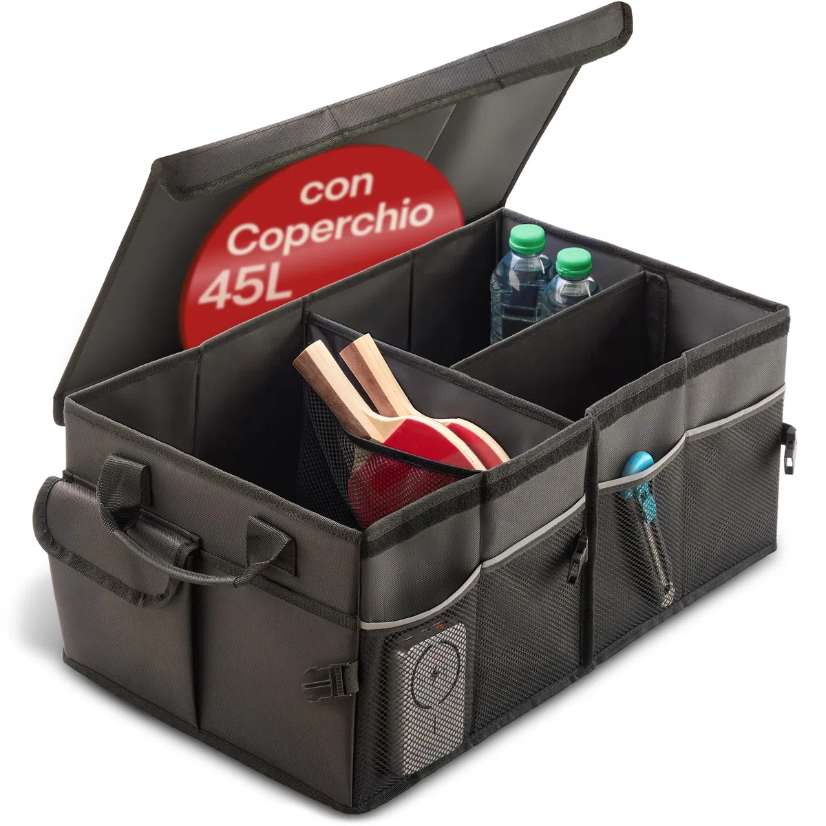 Praknu Organizer Bagagliaio con Coperchio Grande 45L – Pieghevole a 20L – 3 Scomparti con 11 Tasche – Idrorepellente e Antiscivolo – Facile da Trasportare – Ideale per un Bagagliaio più Ordinato