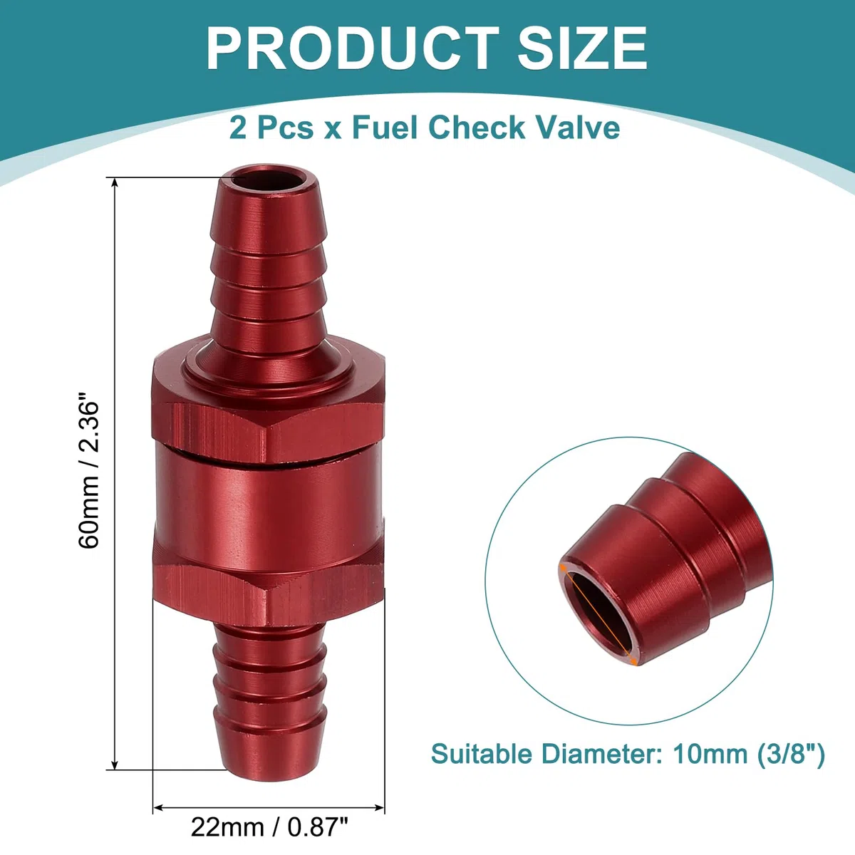 QUARKZMAN 2pz Valvola Controllo Carburante 10mm (3/8"), Valvola Non Ritorno Unidirezionale, Accessori Controllo In Lega Alluminio Per Benzina, Diesel, Gas, Olio, Aria, Acqua, Rosso