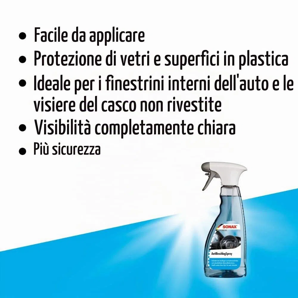 SONAX 03552410 Spray antiappannamento, protezione antiappannamento per tutti i vetri in plastica per una visione completa, 500 ml