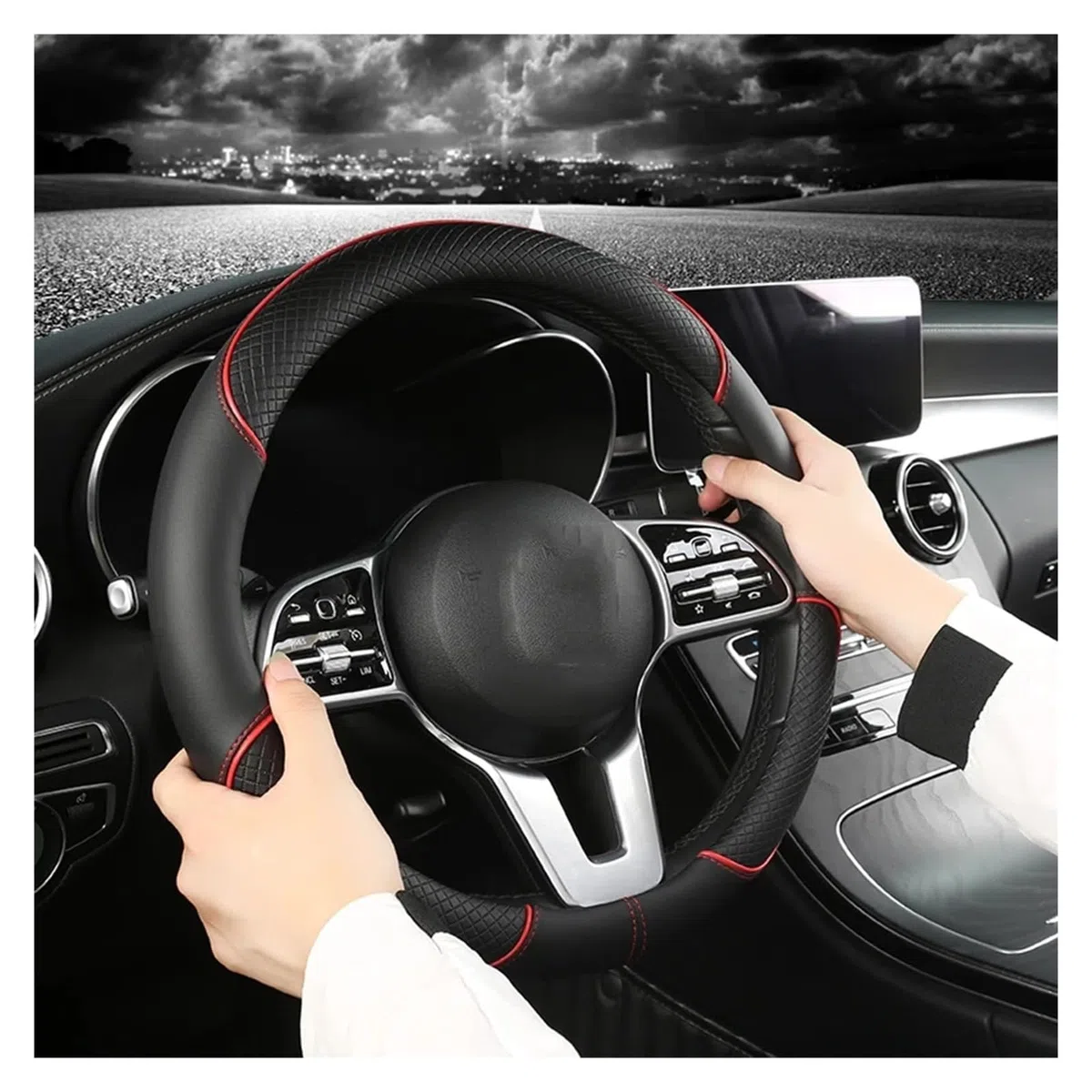 Volante Auto Coprivolanti Per Fiat 500X Per Cross/Per City Cross SUV 2018-2024+ Coprivolante Per Auto Ultrasottile In Pelle E Fibra Di Carbonio(BlackRed,D)