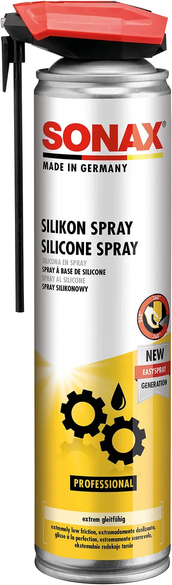 SONAX Spray al silicone (400 ml) lubrificante versatile e idrorepellente. Conserva e protegge i materiali. Antistridore. Con EasySpray | Art.03483000