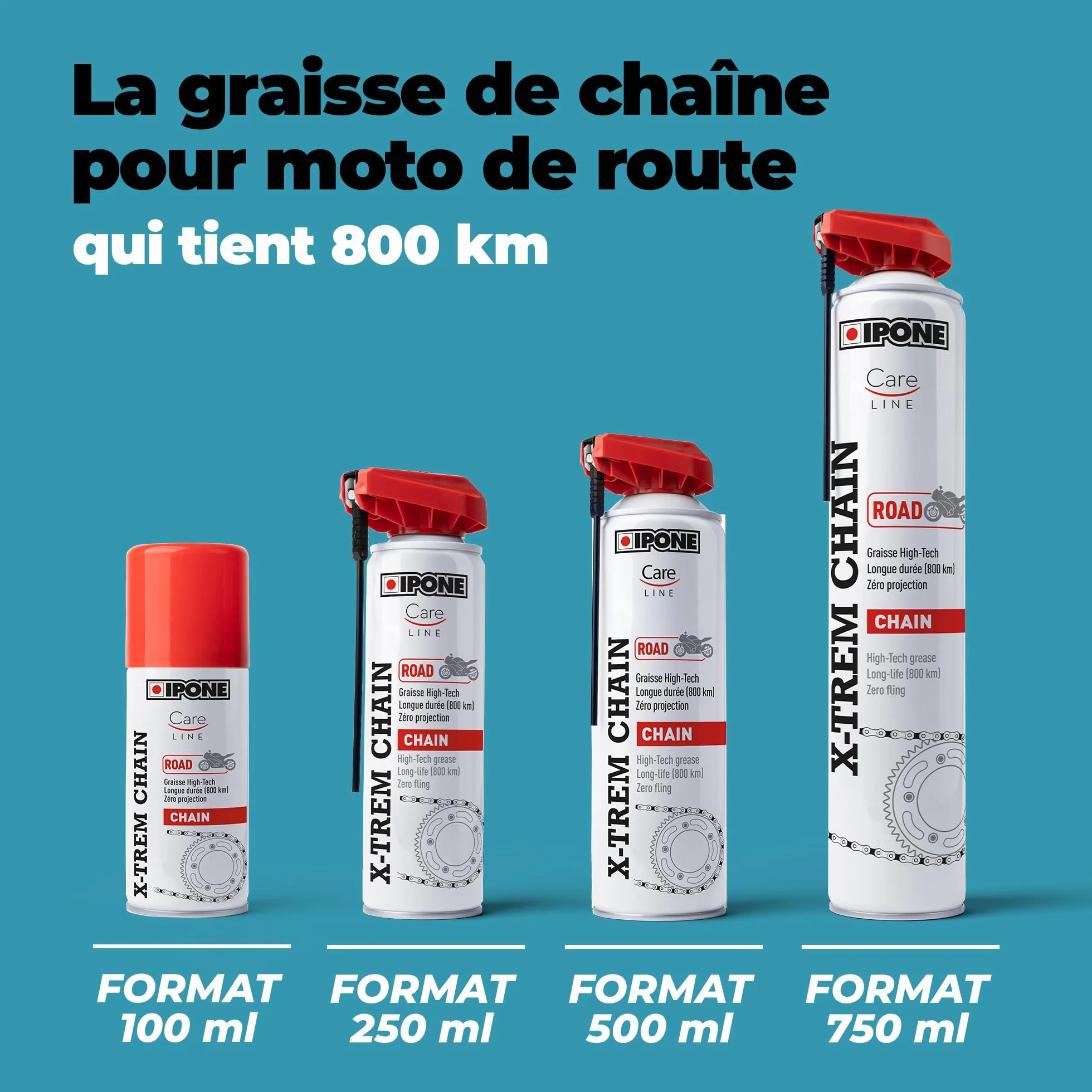 IPONE - Grasso per Catene Moto su Strada X-trem - Bottiglia Spray con Diffusore Multiposizione da 500 ml - 800 km di Durata - Getto preciso, Senza Schizzi